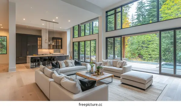 Modern Open-Concept Living Area with Floor-to-Ceiling Windows