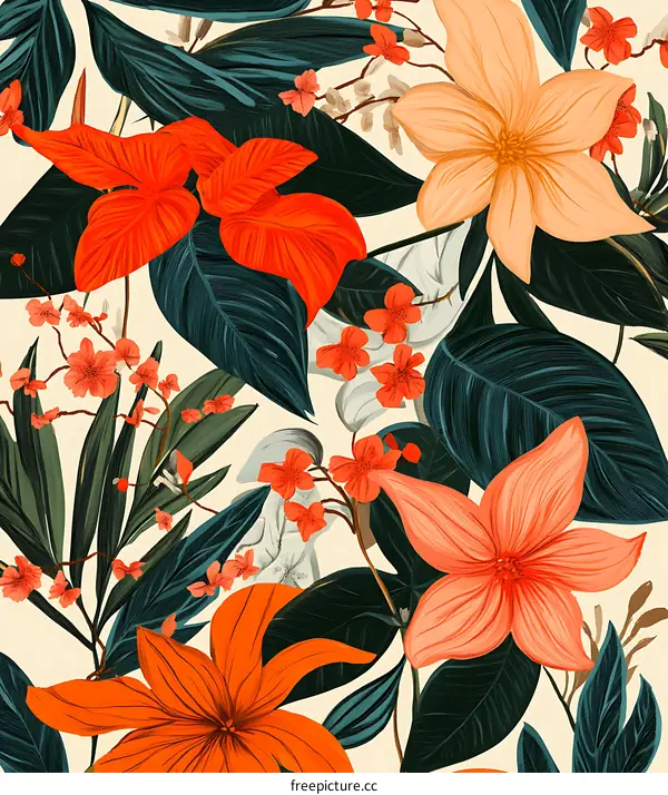 Tropical Floral Pattern with Orange, Pink and Green Flowers