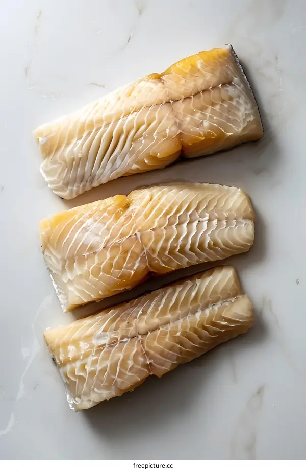 Three Pieces Of Raw Cod On A Marble Background