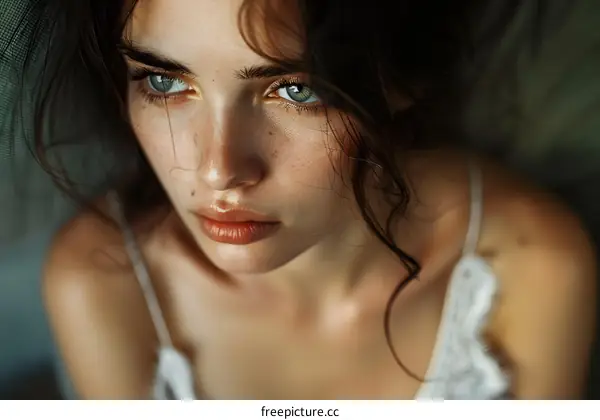portrait of a beautiful young woman with green eyes and freckles