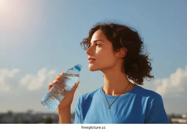 Woman Drinking Water Outdoors Under a Sky