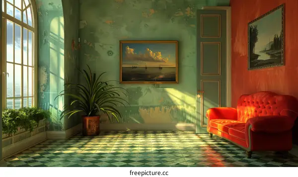 Mediterranean Style Room with Green Walls and Red Sofa