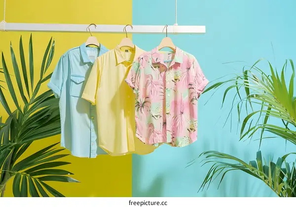 Summer Shirts Hanging on Clothesline with Palm Leaves