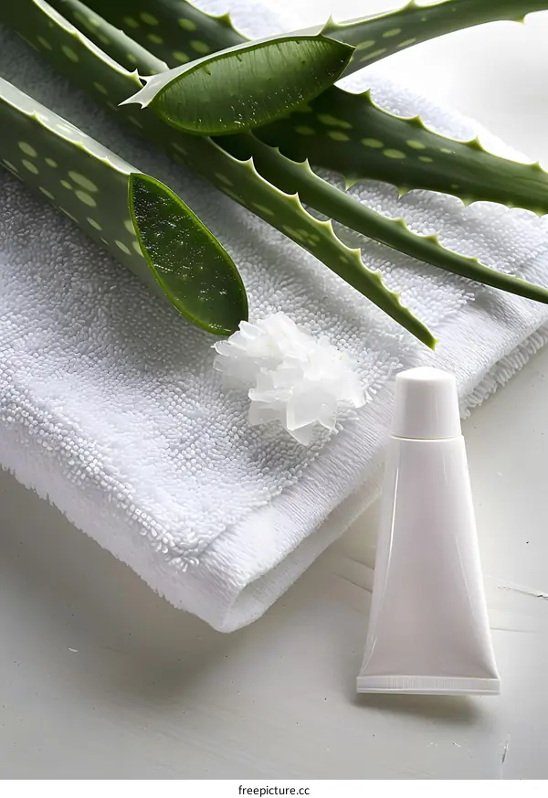 Aloe Vera Plant Leaves and Cream Tube on White Towel
