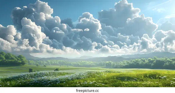 The vast grassland under the blue sky and white clouds