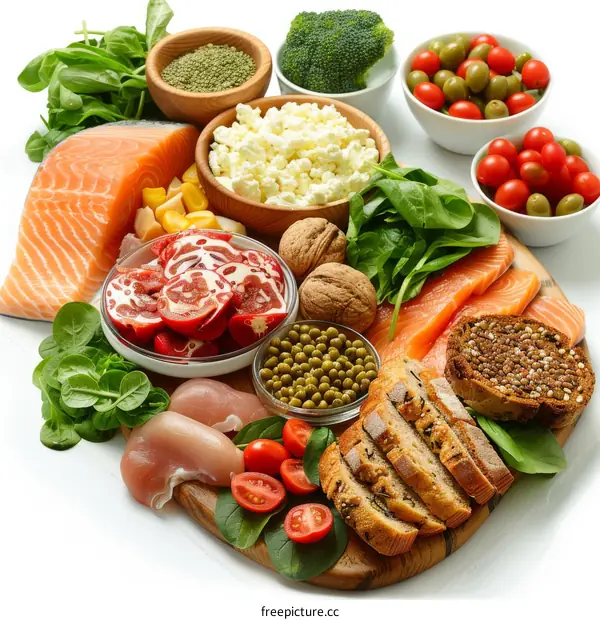 A variety of healthy foods arranged on a wooden table.