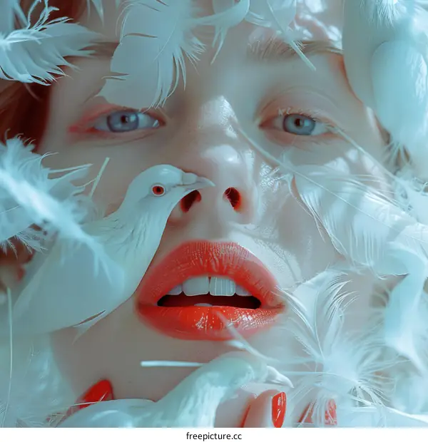 Portrait of a Woman with White Feathers and a Bird on Her Nose - Nature Photography