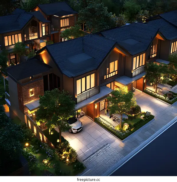 Modern Townhouses with Green Landscaping and Night Lighting