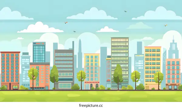 Cartoon Cityscape With Green Grass And Trees