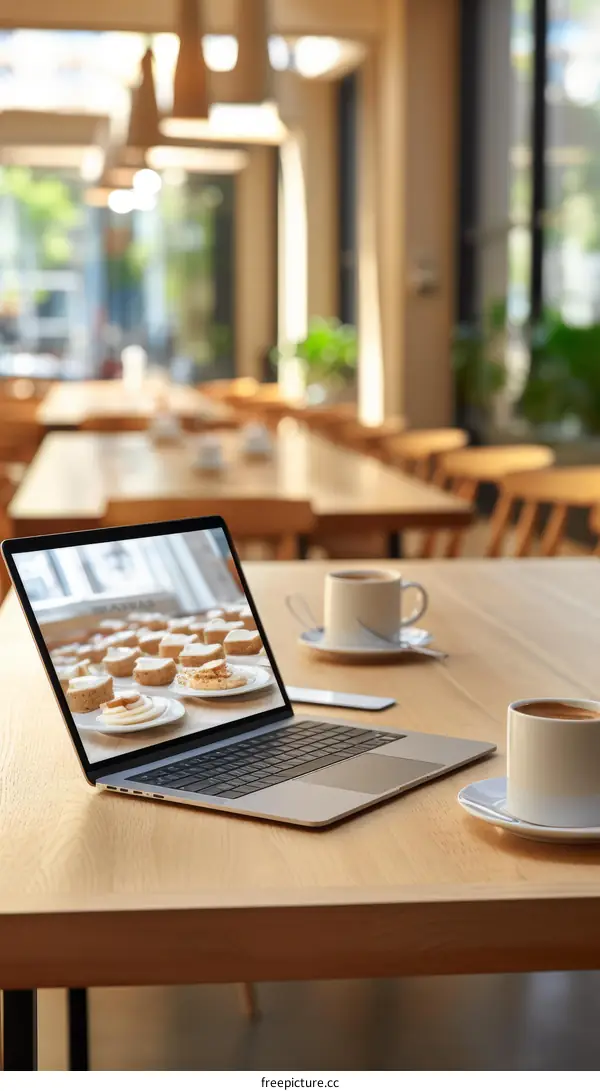 An open laptop sits on a wooden table in a cafe with two cups of coffee and a mobile phone