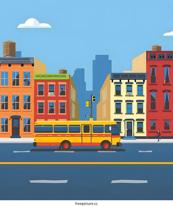 Yellow Bus on Street in City with Buildings