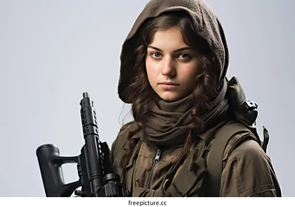 Determined Female Soldier Holding a Gun