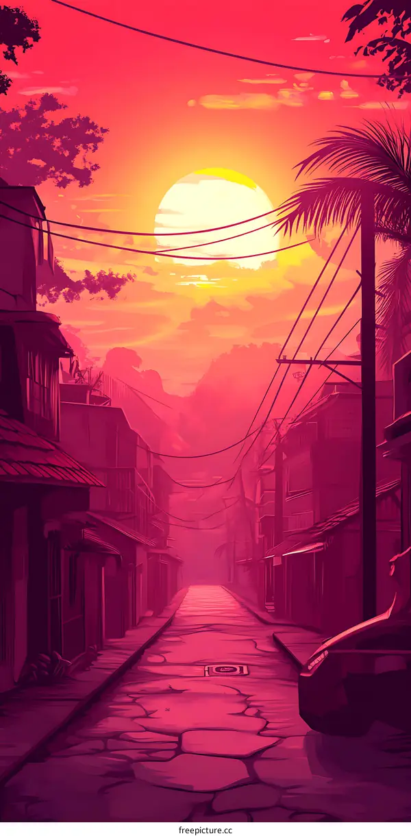 Sunset Cityscape with Cobblestone Street