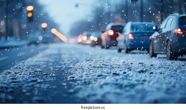 Snowy road with cars driving in the evening