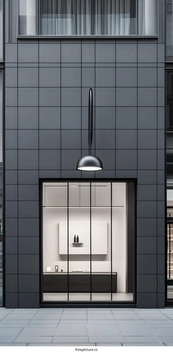 Minimalist Modern Store Front Design with Black Tiles and Glass Doors