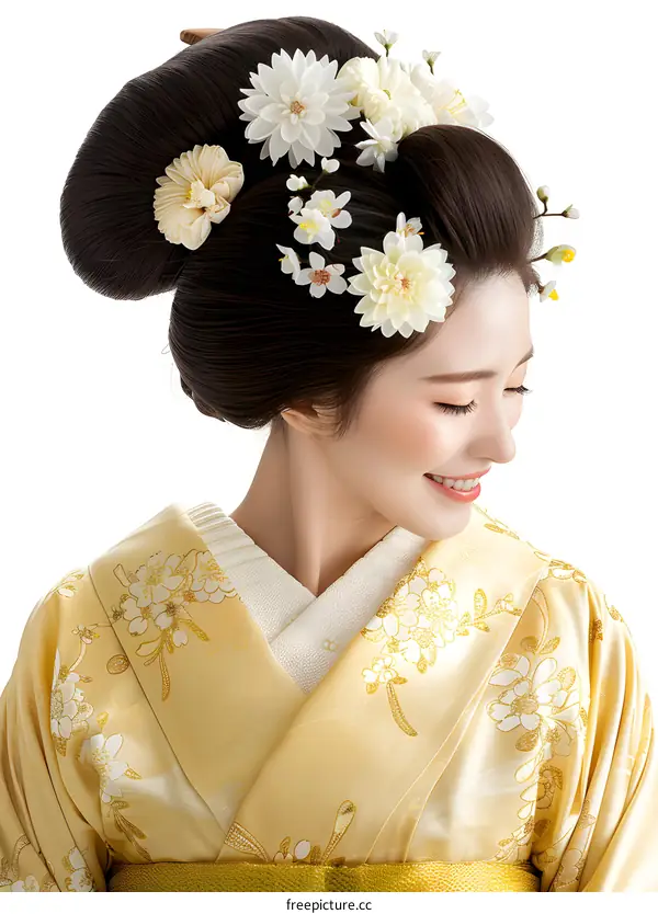 A Japanese woman wearing a kimono and traditional hairstyle with white and yellow flowers in her hair smiles gently
