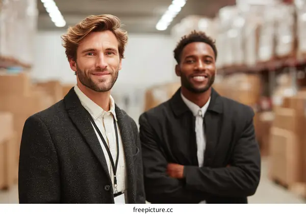 Two Men in Business Attire Standing in Warehouse Setting