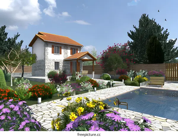 Stone House with Swimming Pool in a Lush Garden