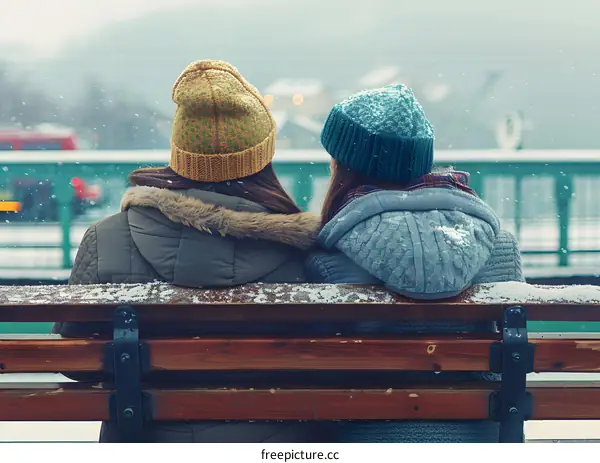Two Women Sitting on a Bench in the Snow
