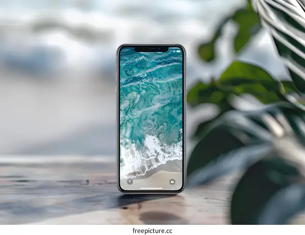 Mobile Phone on a Table with Ocean Wallpaper