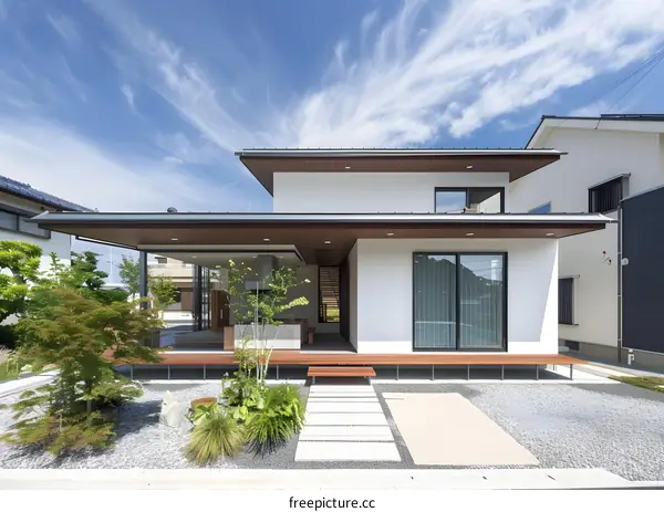 Modern Japanese House with Wooden Deck and Gravel Garden
