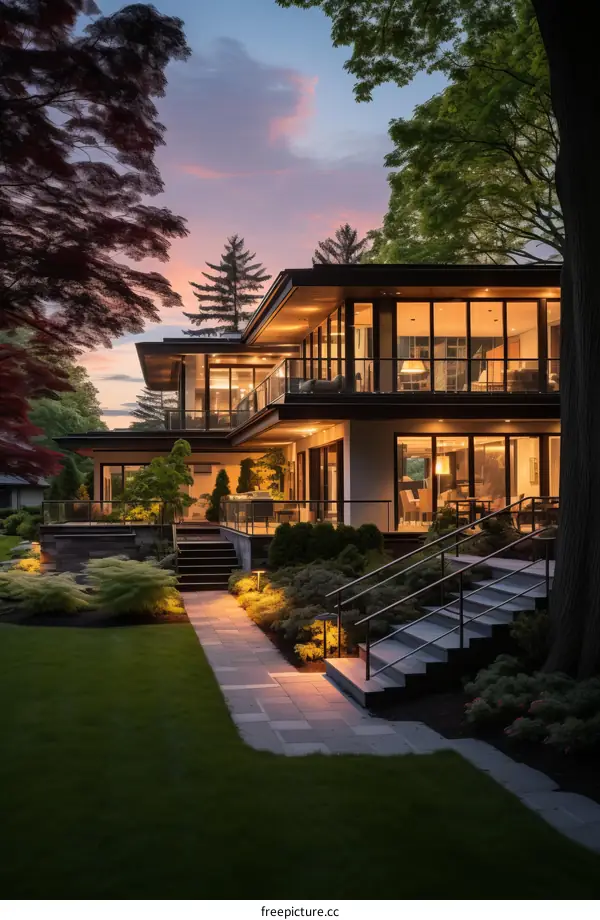 Modern House with Large Glass Windows and Lush Garden
