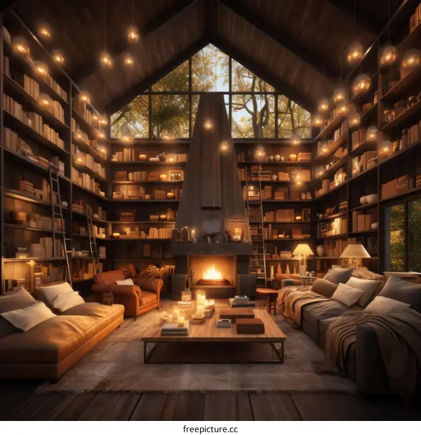 Cozy library with fireplace and lots of books