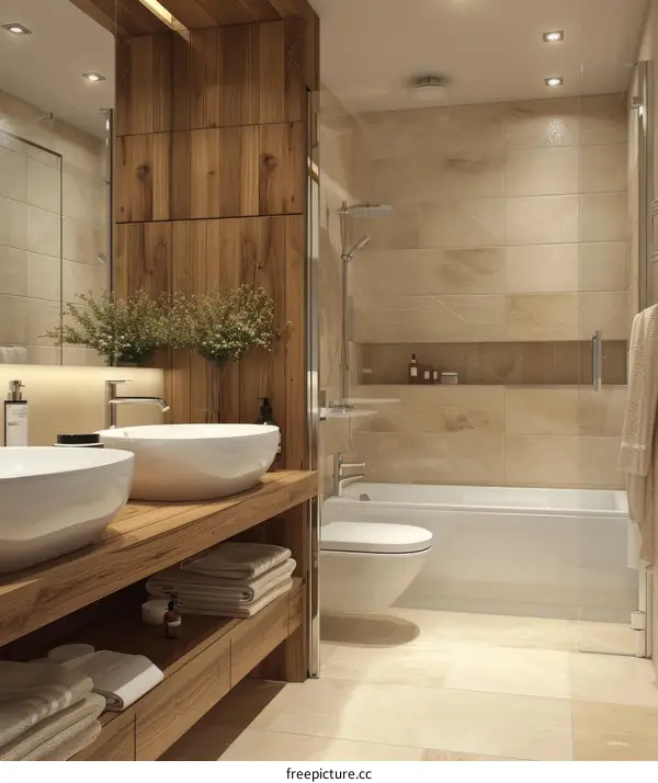 Modern Bathroom with Wooden Vanity and Beige Tiles