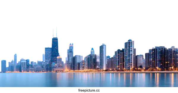 [Transparent Background PNG]Chicago Skyline at Dawn over Lake Michigan