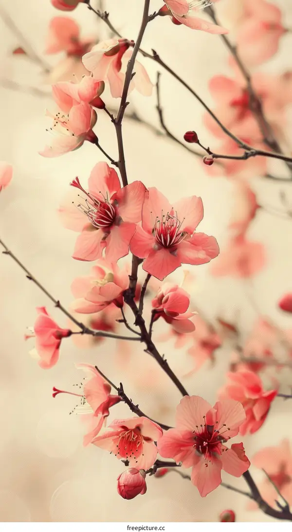 Blossoming pink peach flowers in spring