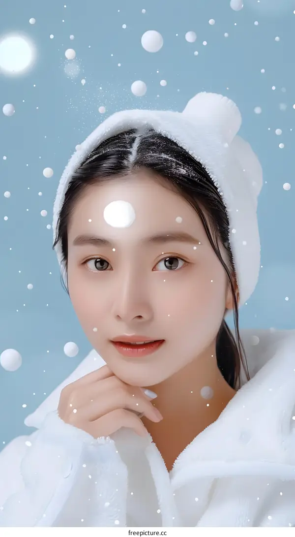 Beautiful Asian Woman in a White Towel with Snow Falling