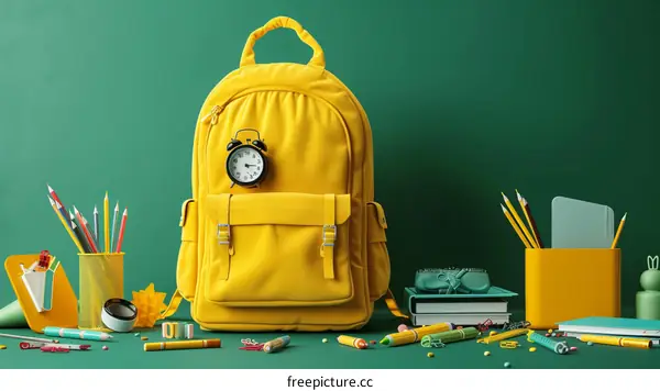 A backpack with school supplies against a green background