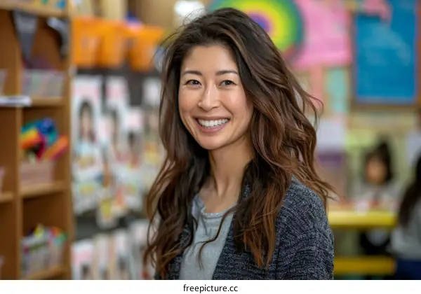 portrait of a smiling asian female teacher in a classroom