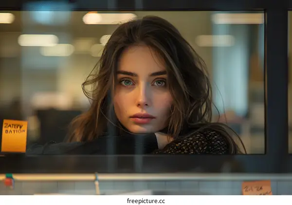 Portrait of a beautiful young woman looking through a window