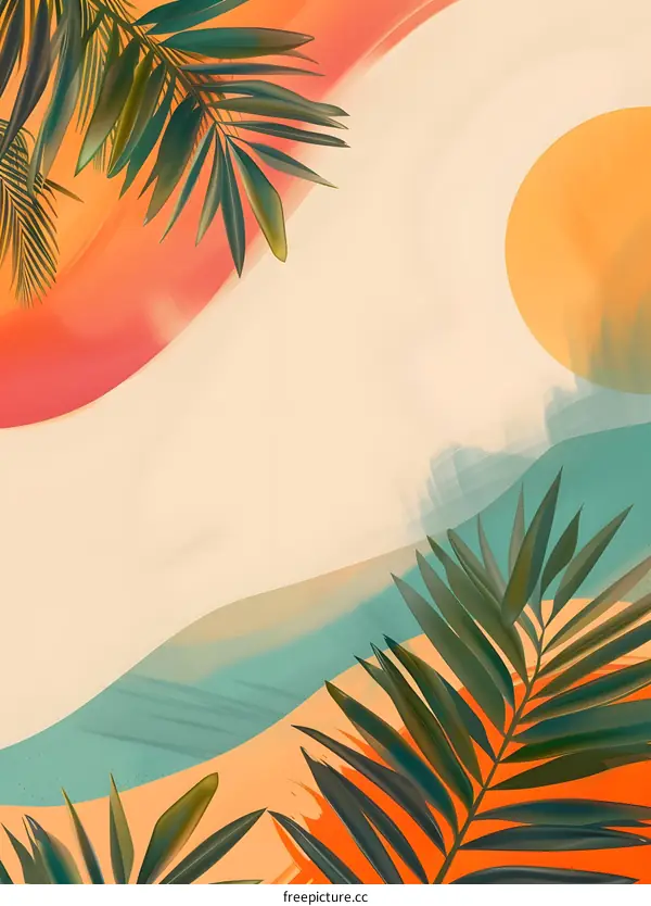 Abstract Tropical Palm Leaves  Illustration With Sun and  Orange and  Green Color
