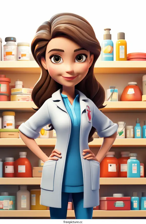 A female pharmacist standing in a pharmacy with her hands on her hips