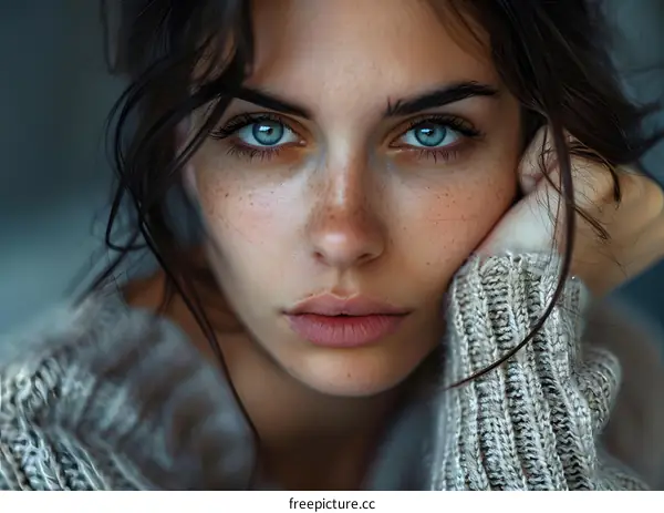 Portrait of a young woman with freckles and blue eyes