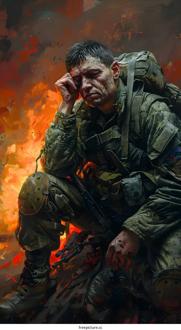 A weary soldier sits on the battlefield, his face a mask of exhaustion and despair.