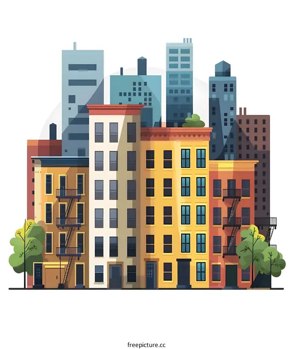 Colorful Cityscape Illustration with Multiple Buildings and Trees
