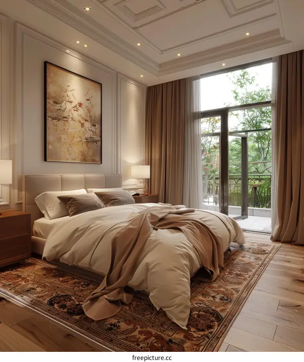 Elegant Beige Bedroom Interior Design with Carpets and Artwork