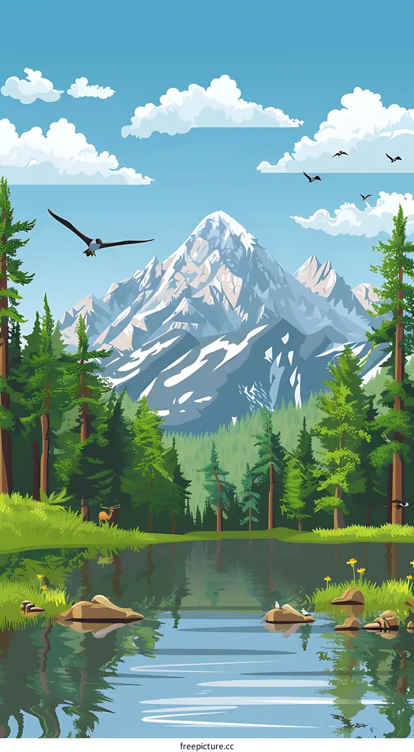 Mountain Lake with Pine Trees and Birds