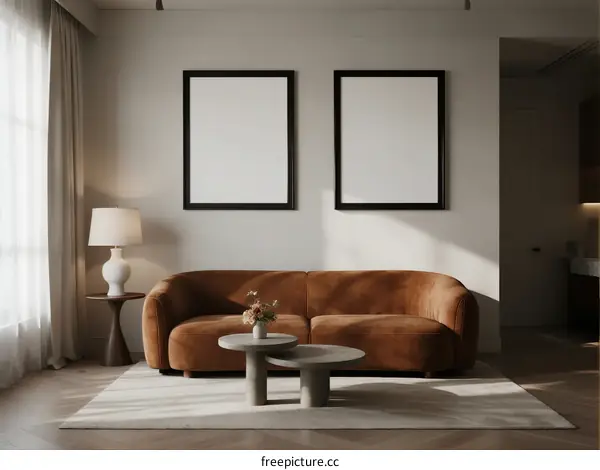 Modern living room with brown sofa and empty picture frames