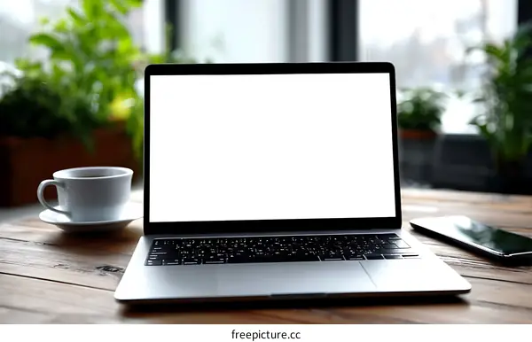 Laptop on Wooden Table with Coffee Cup