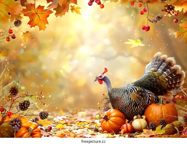Thanksgiving Turkey with Pumpkins and Fall Leaves