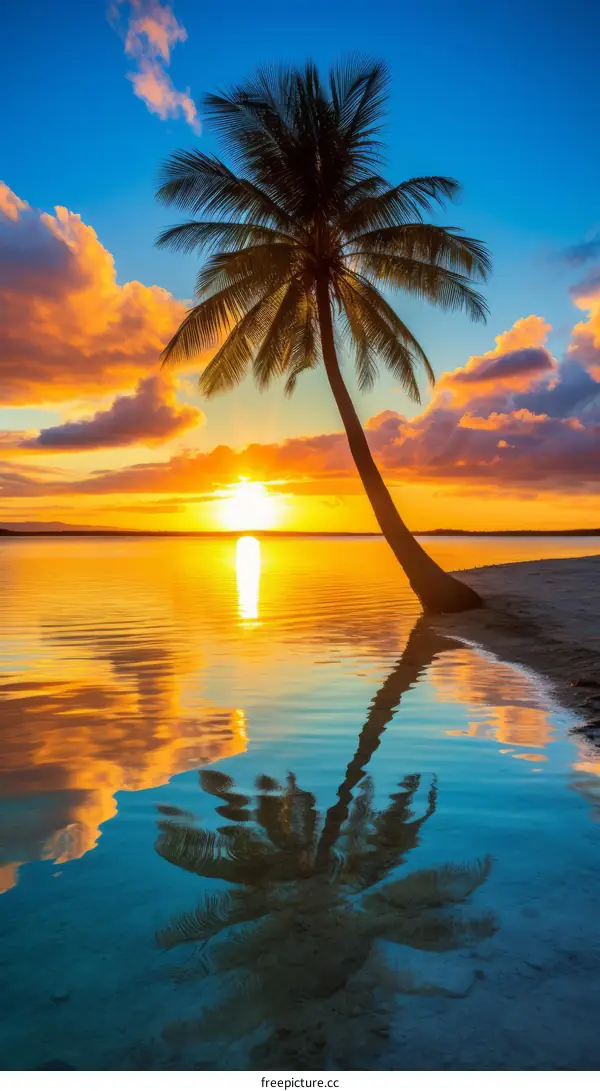 Tropical Paradise: Palm Trees at Sunset on a Secluded Beach