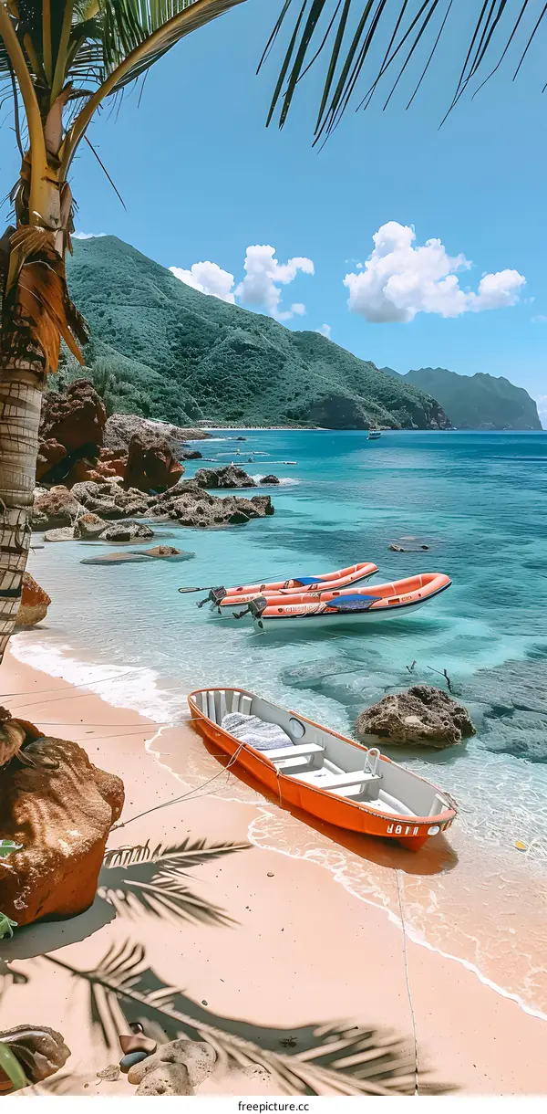 Tropical Beach Scene with Palm Trees and Boats