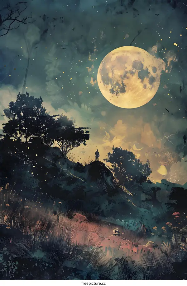 Silhouette of a Man Standing on a Hilltop Under a Full Moon