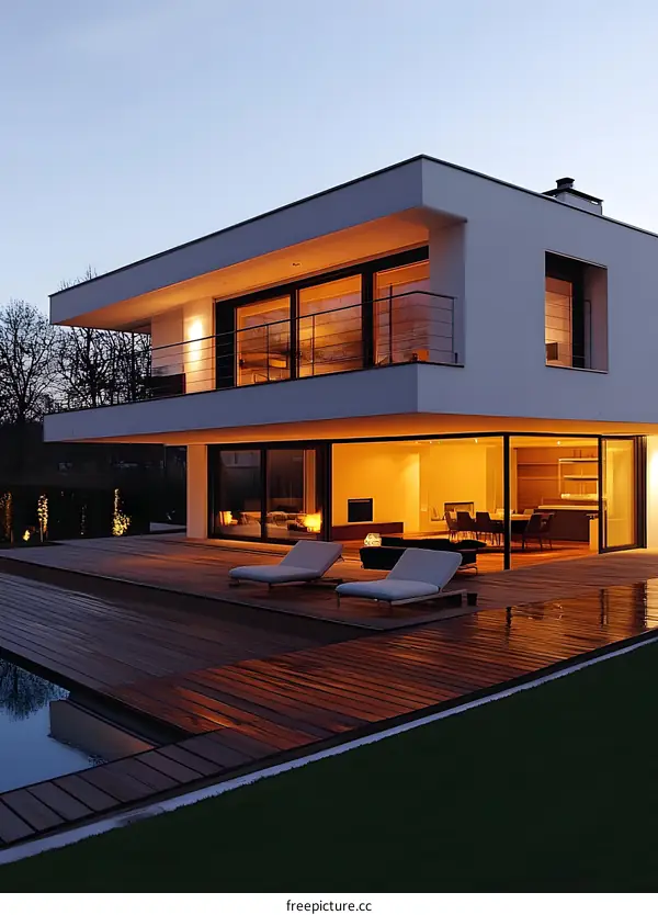 Modern House with Deck and Swimming Pool at Dusk