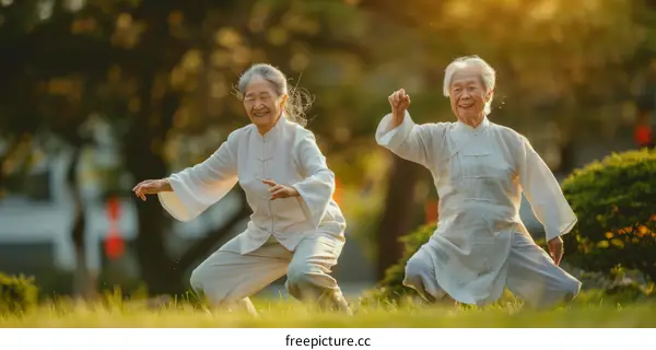 Two elderly Chinese women are doing Tai Chi in the park