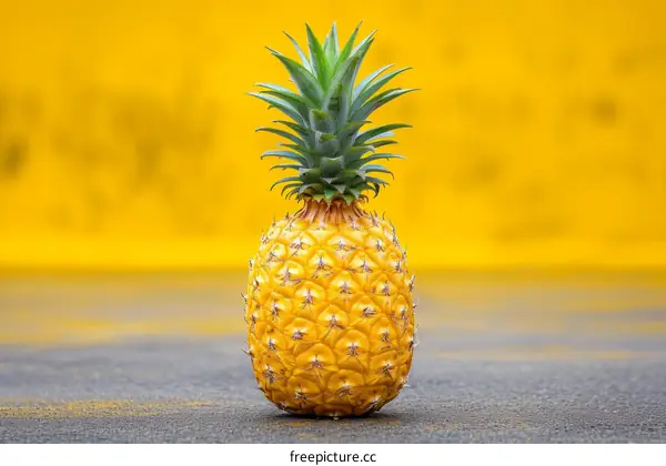 Single pineapple in front of yellow background